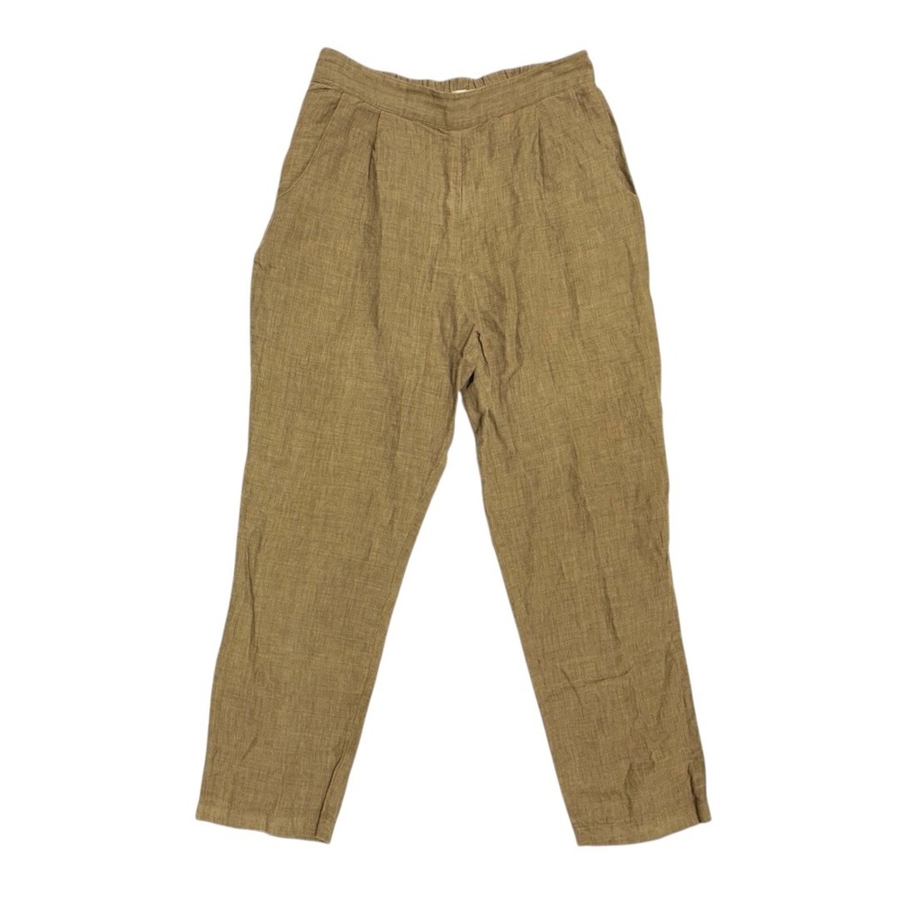 7115 by Szeki New York Linen Pleated Cropped Pants Size M Tan Elastic Waist